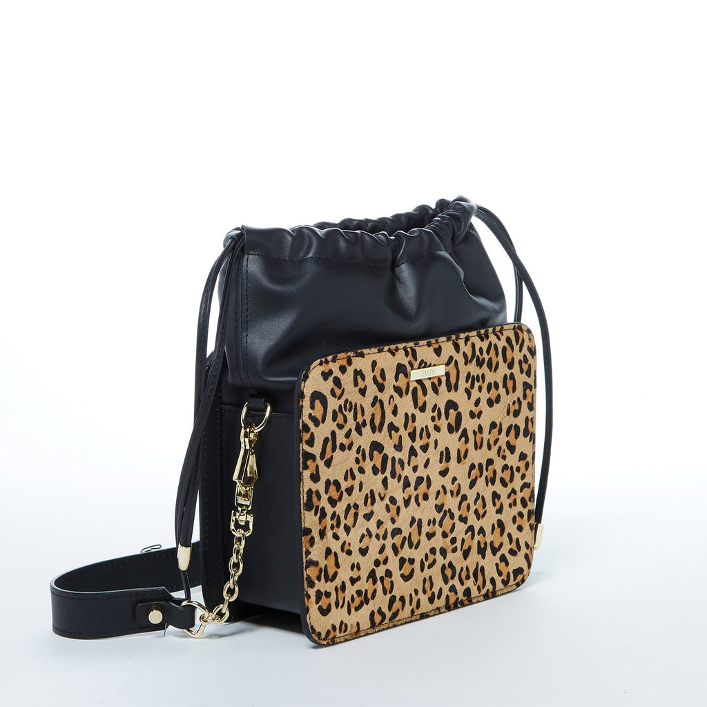 Leopard Print Leather Bucket Bag in Black