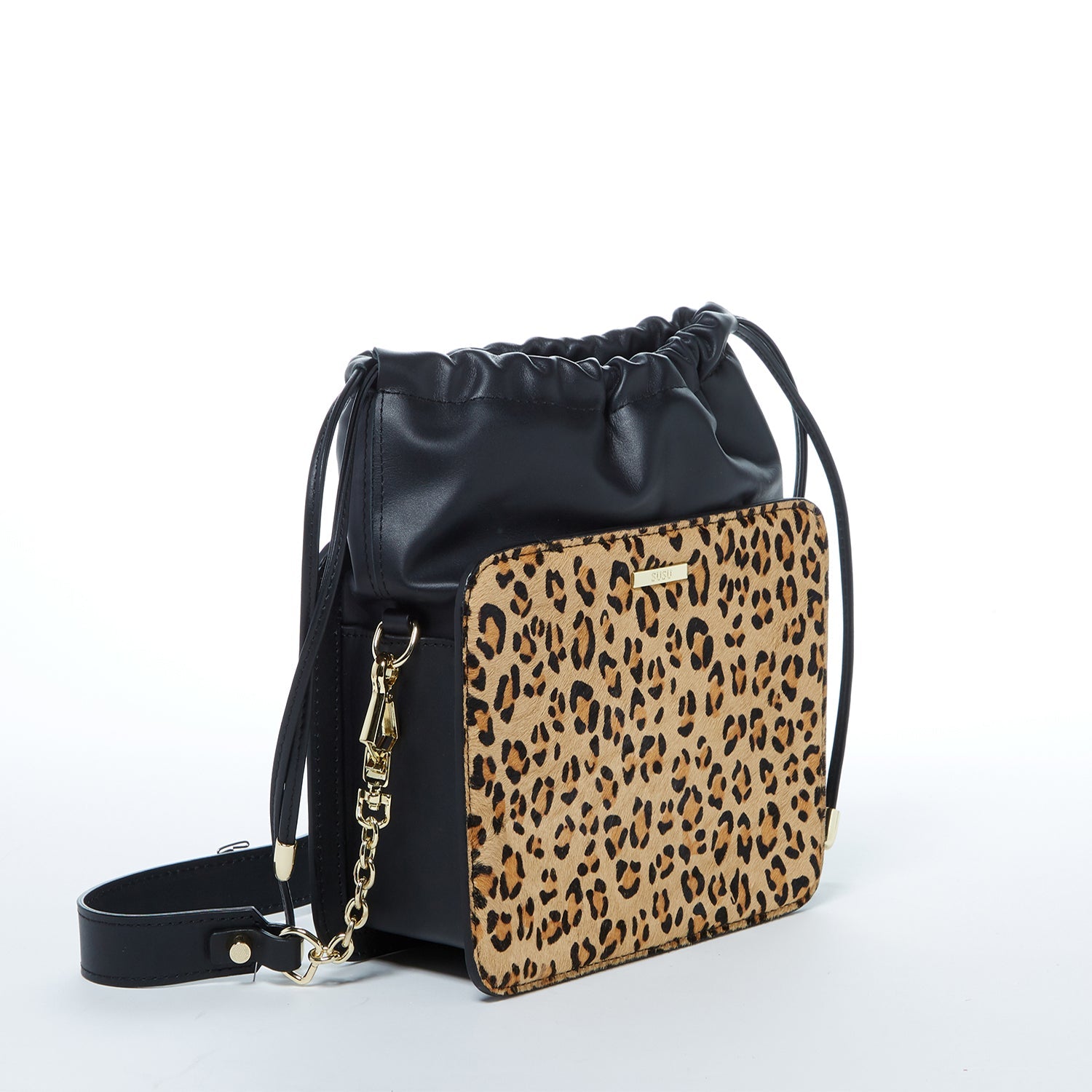 Leopard Print Leather Bucket Bag in Black