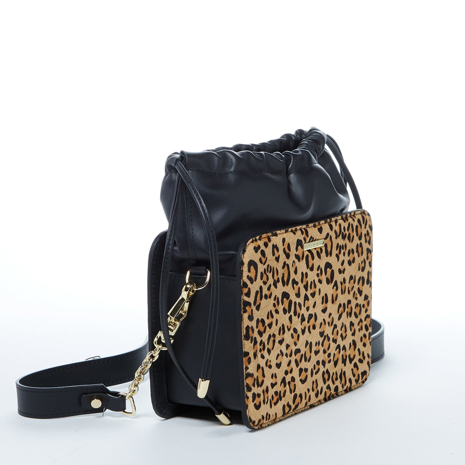 Leopard Print Leather Bucket Bag in Black