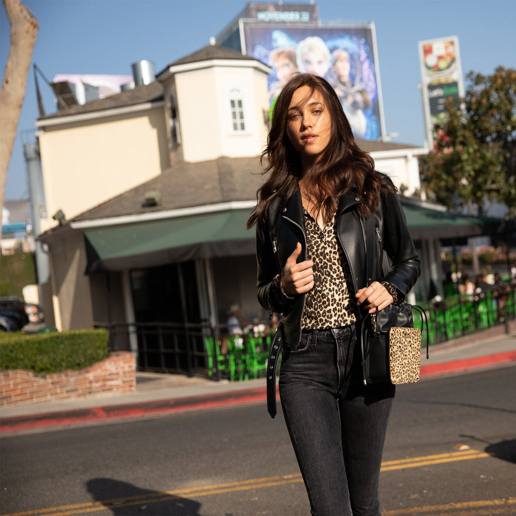 Leopard Print Leather Bucket Bag in Black