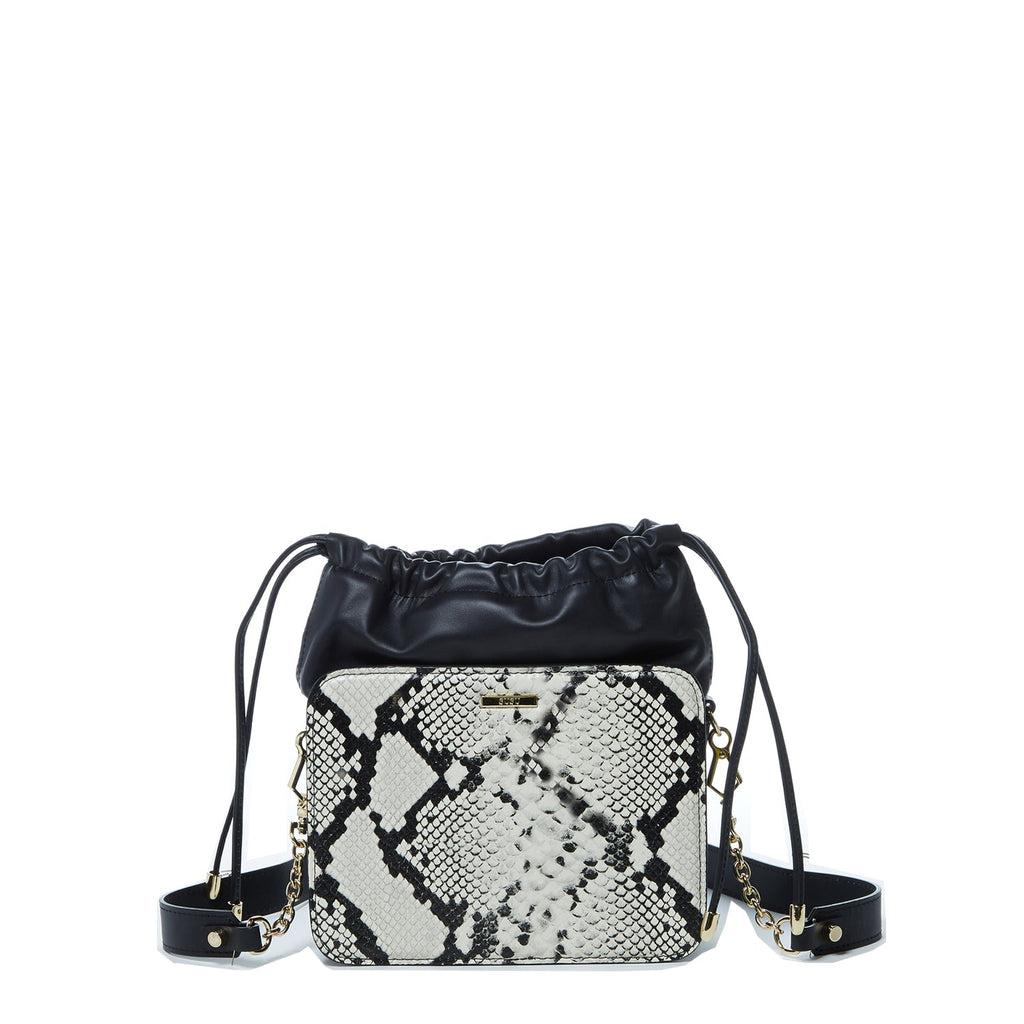 Black Leather Bucket Bag with Snakeskin Print and Drawstring