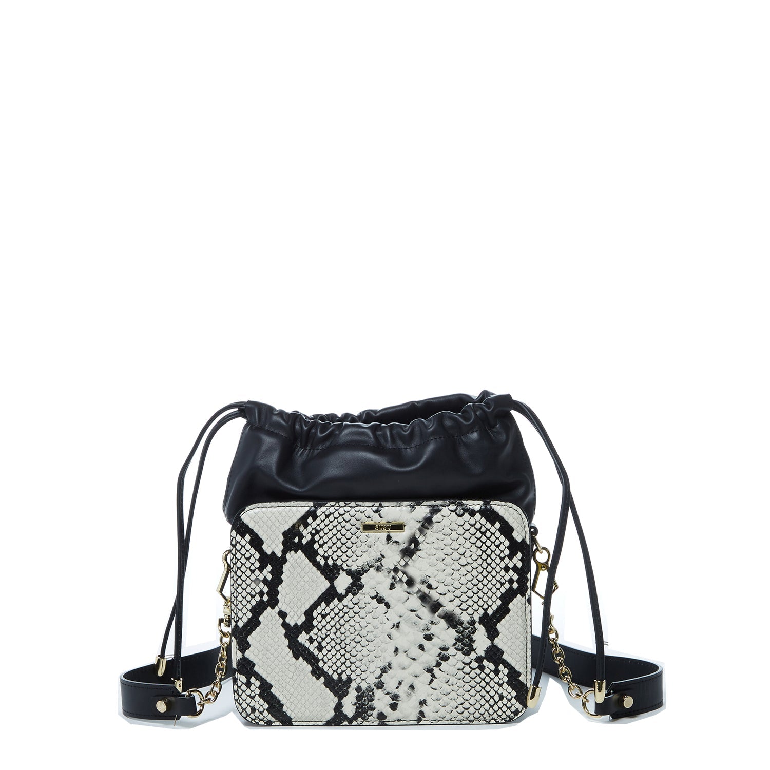 Black Leather Bucket Bag with Snakeskin Print and Drawstring