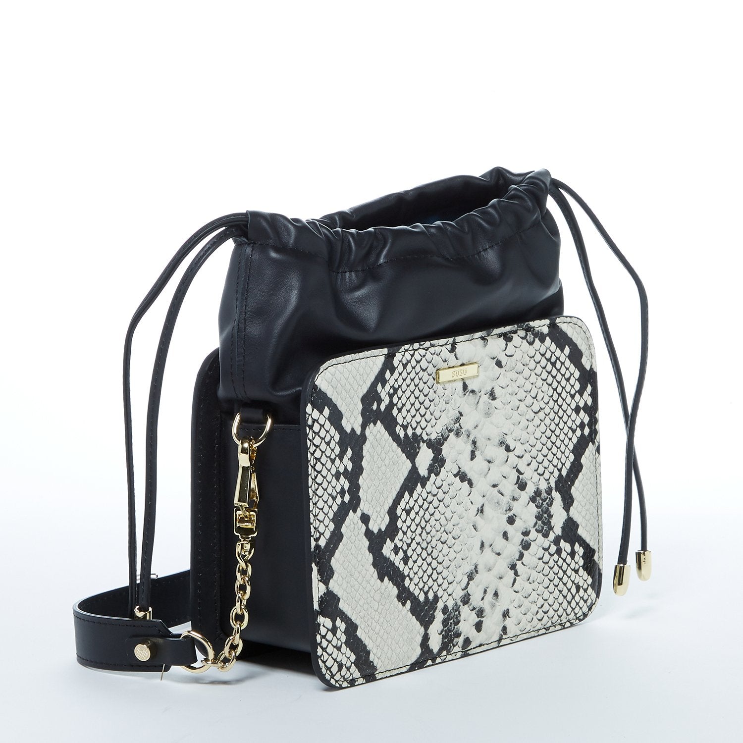 Black Leather Bucket Bag with Snakeskin Print and Drawstring