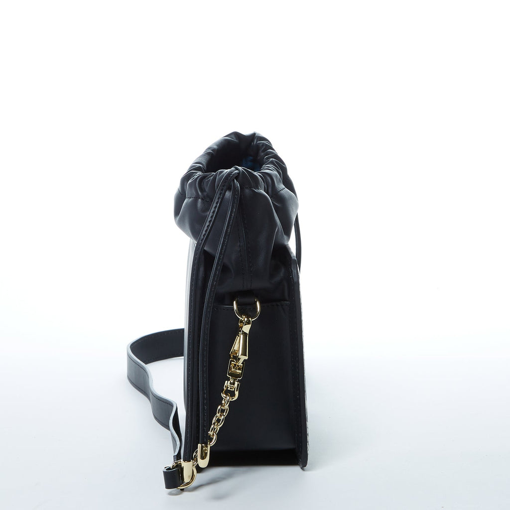 Black Leather Bucket Bag with Snakeskin Print and Drawstring