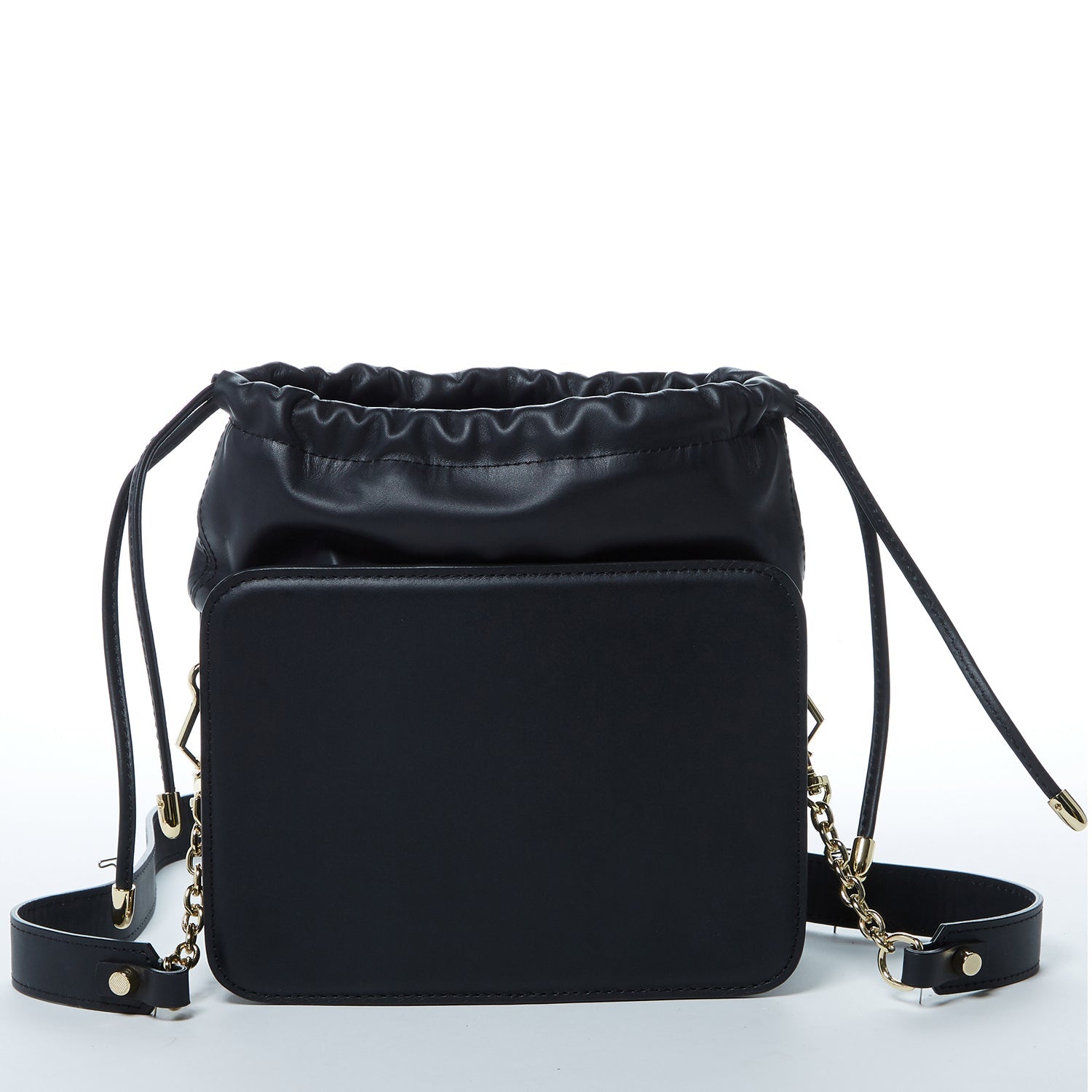 Black Leather Bucket Bag with Snakeskin Print and Drawstring