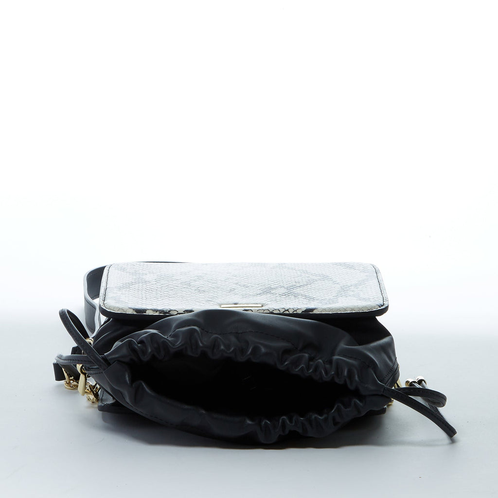 Black Leather Bucket Bag with Snakeskin Print and Drawstring