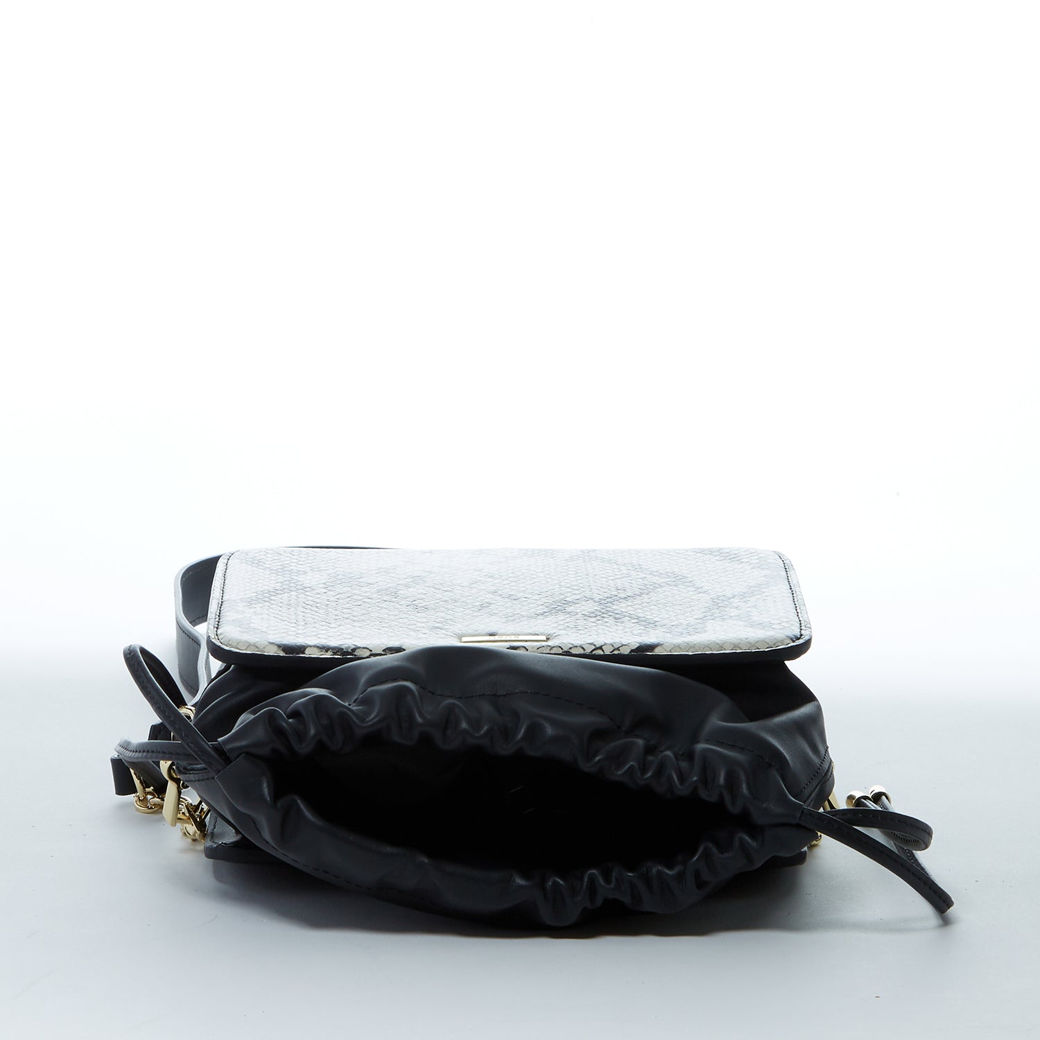 Black Leather Bucket Bag with Snakeskin Print and Drawstring