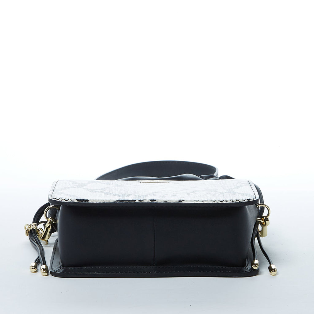 Black Leather Bucket Bag with Snakeskin Print and Drawstring