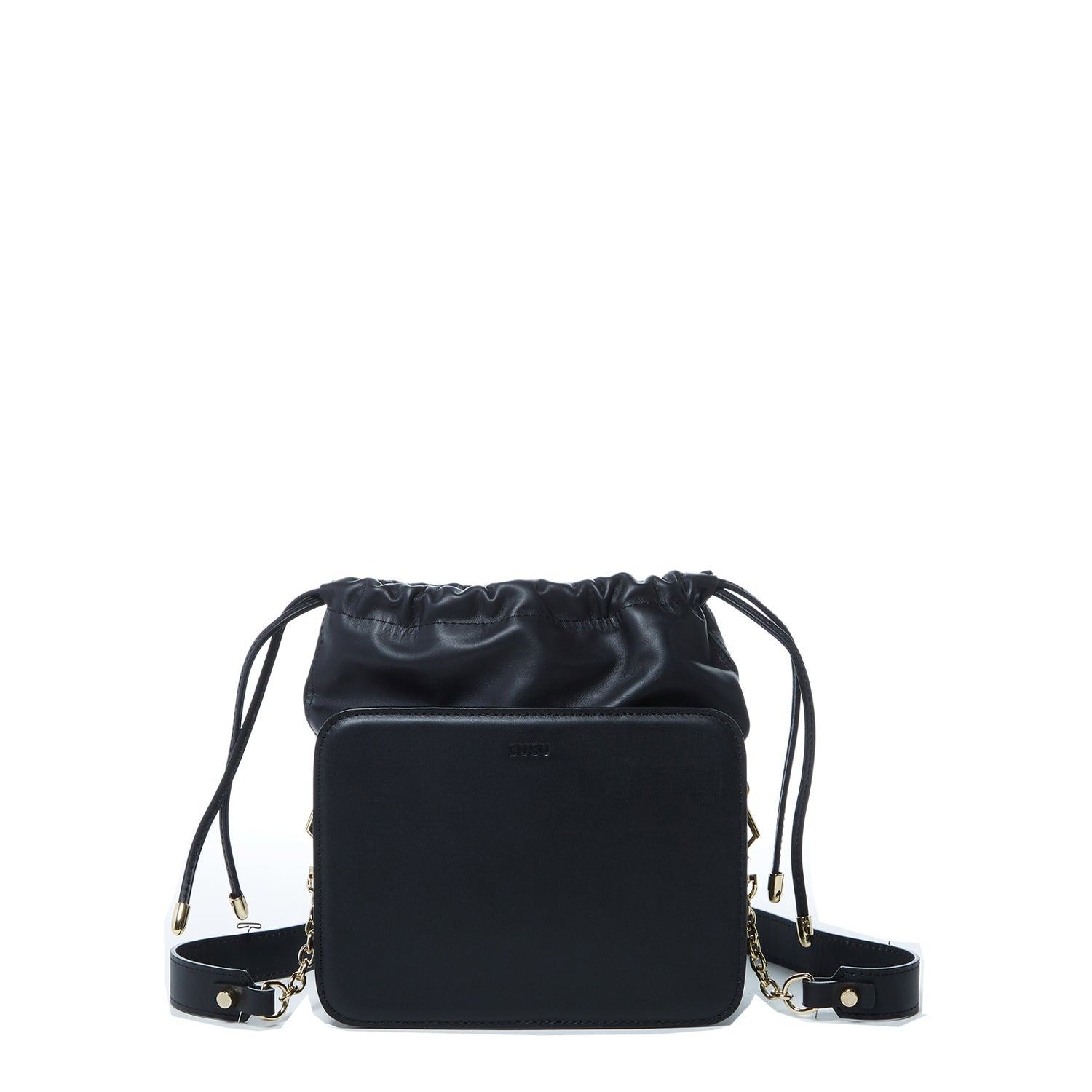 Black Leather Bucket Bag with Drawstring and Gold Hardware