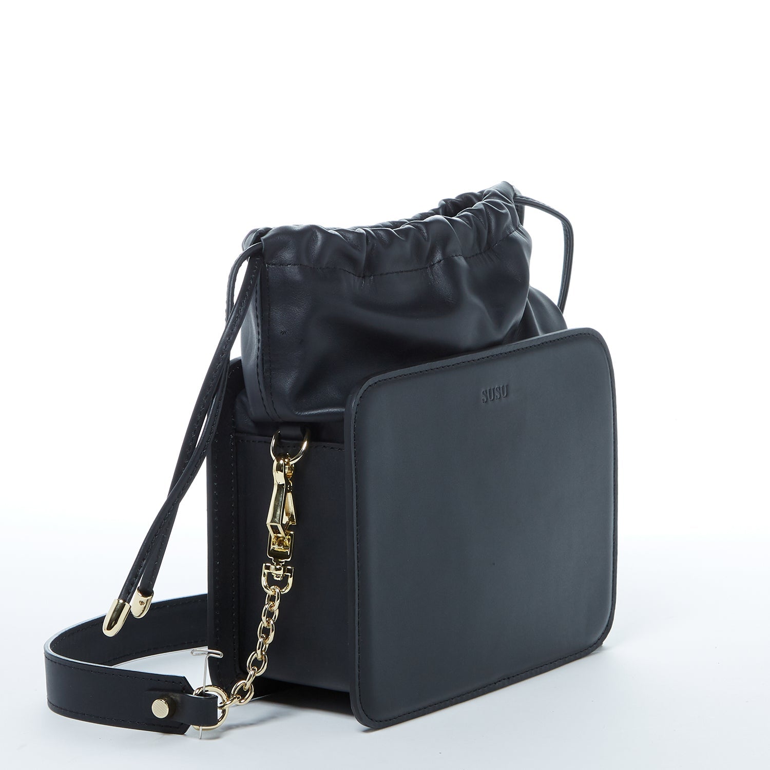 Black Leather Bucket Bag with Drawstring and Gold Hardware