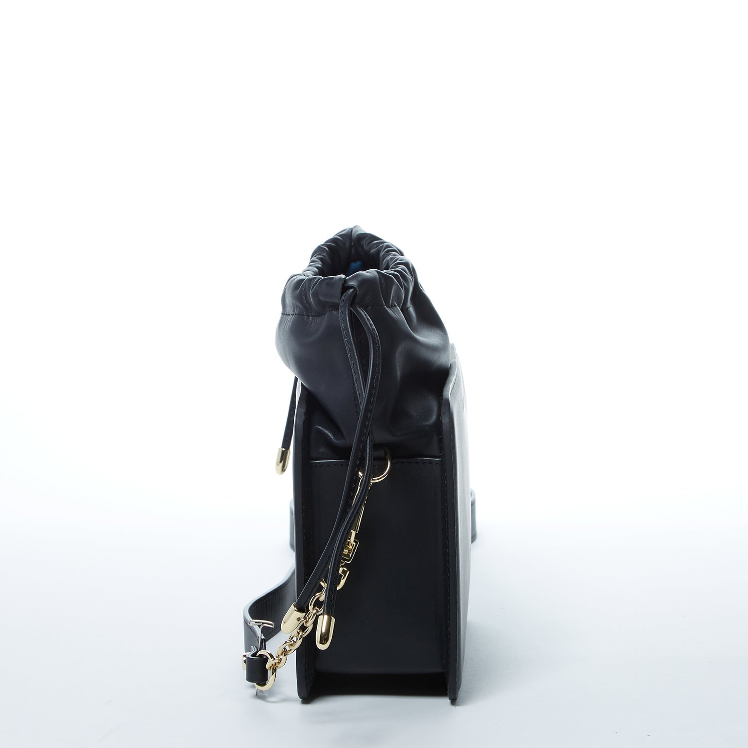 Black Leather Bucket Bag with Drawstring and Gold Hardware