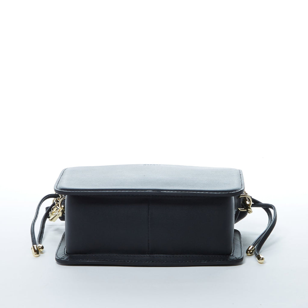 Black Leather Bucket Bag with Drawstring and Gold Hardware