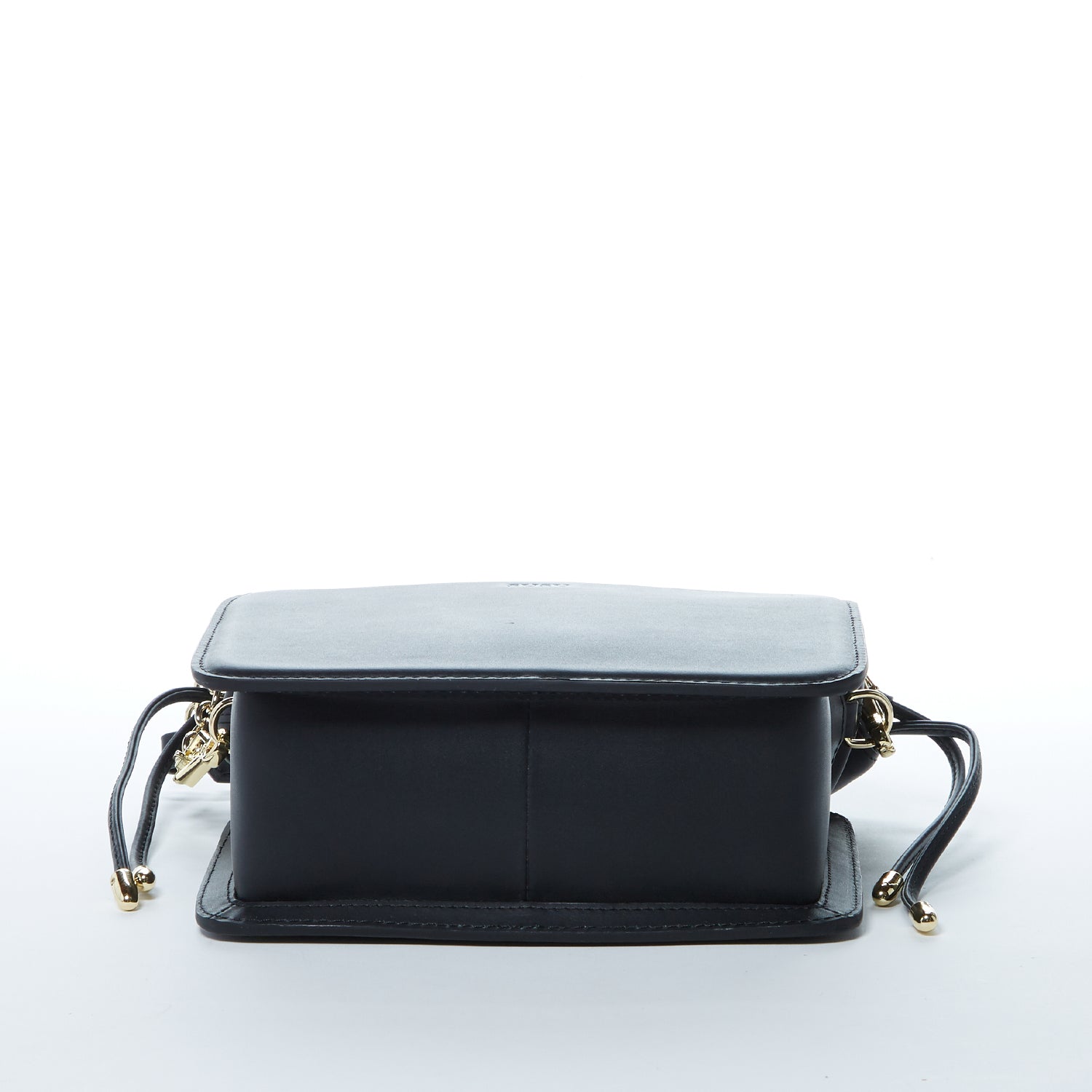 Black Leather Bucket Bag with Drawstring and Gold Hardware