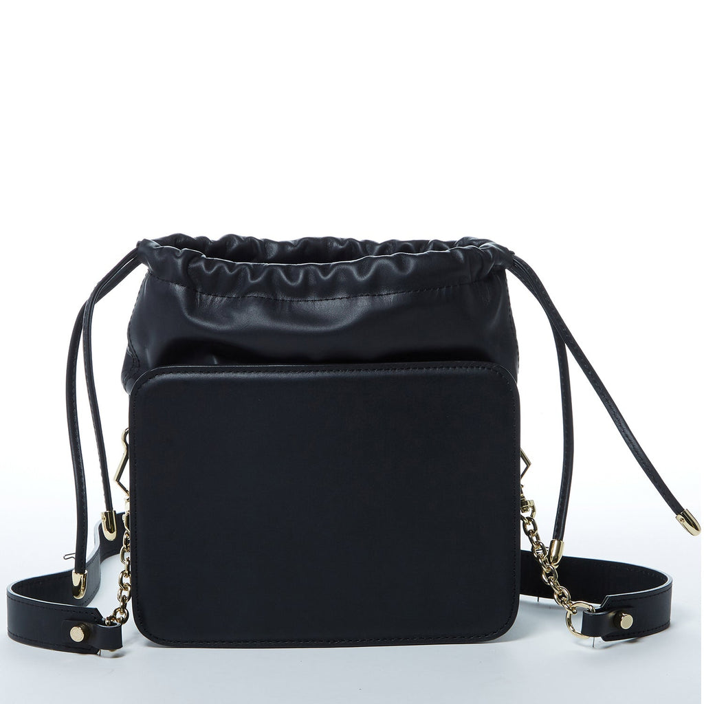 Black Leather Bucket Bag with Drawstring and Gold Hardware