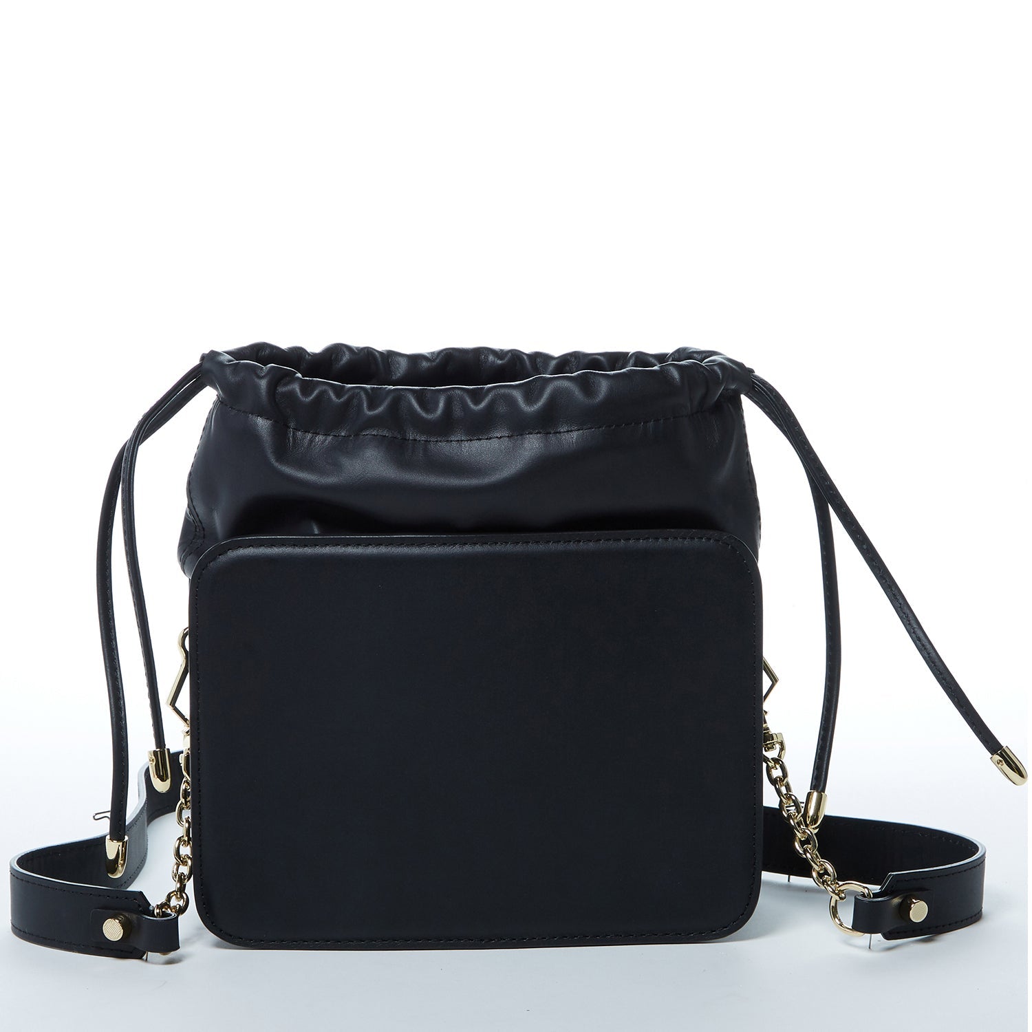 Black Leather Bucket Bag with Drawstring and Gold Hardware