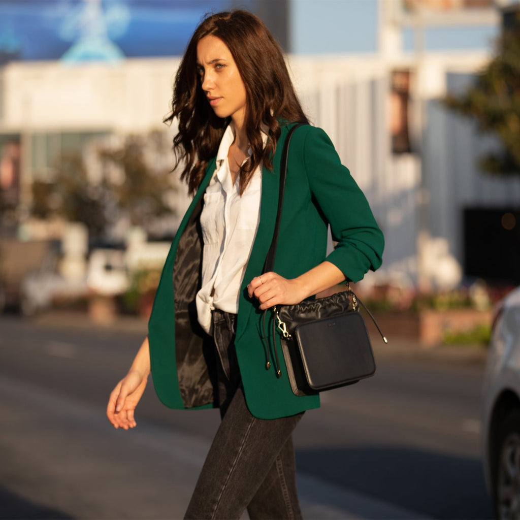 Black Leather Bucket Bag with Drawstring and Gold Hardware