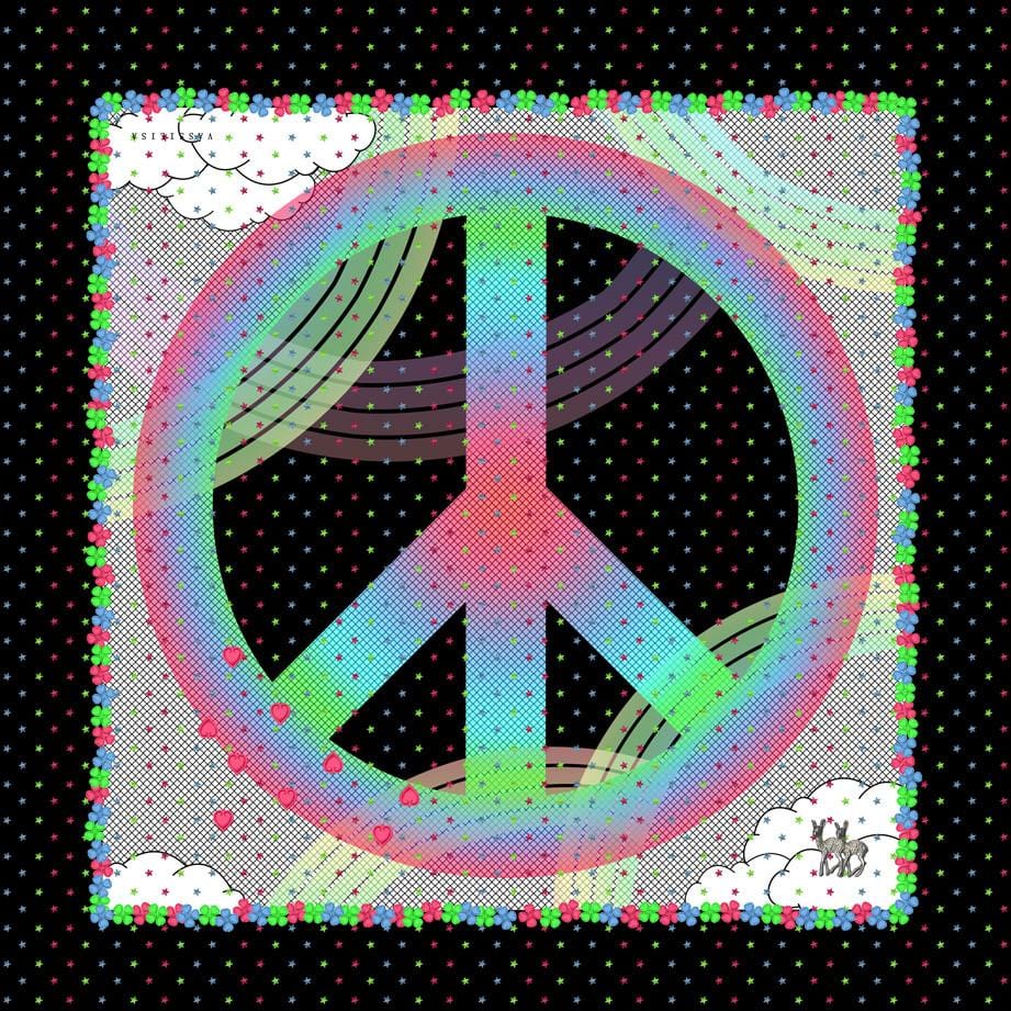 VASSILISA Scarf in Black, Pink and Green: Peace & Rainbow Print