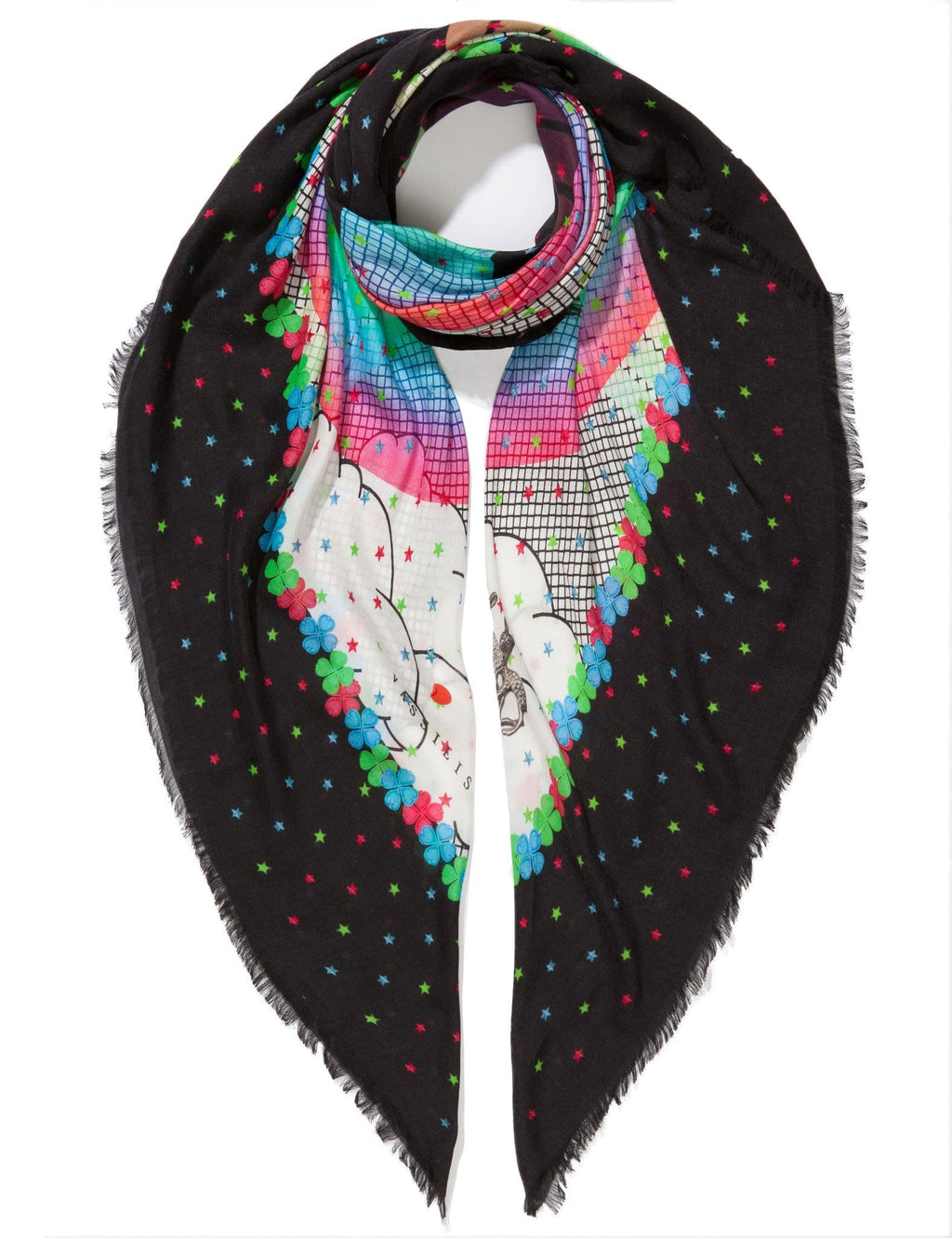 VASSILISA Scarf in Black, Pink and Green: Peace & Rainbow Print