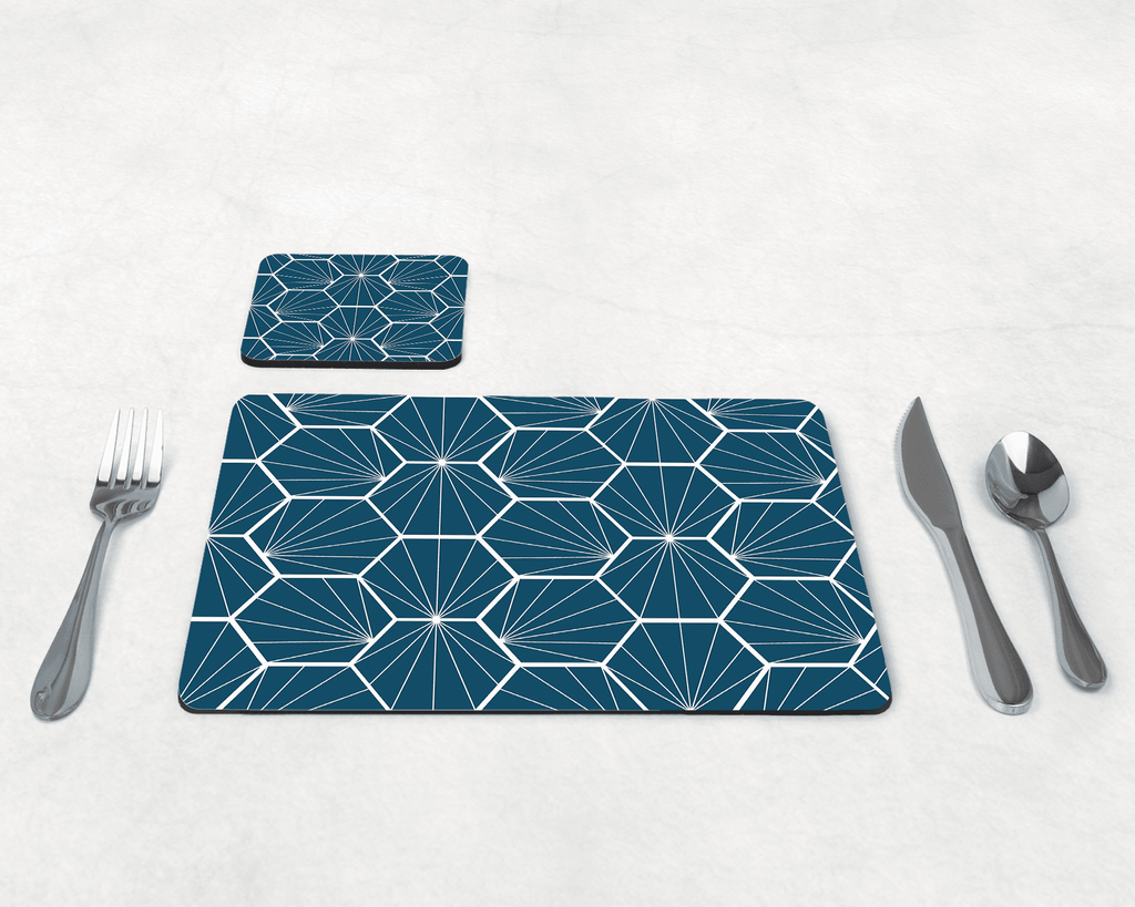 Peacock Blue Geometric Hexagons Placemats, Set of 4 or Set of 6