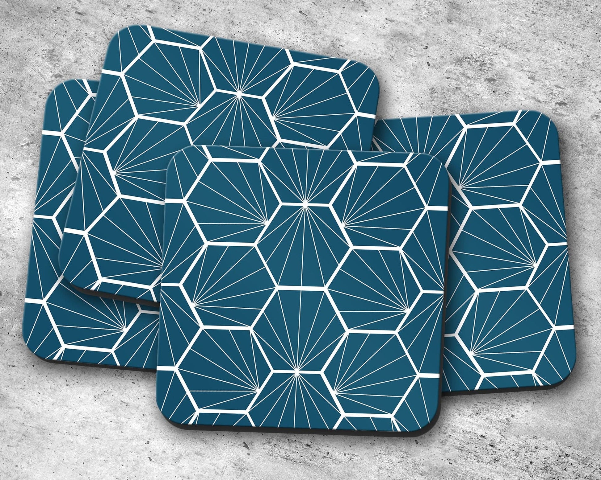 Peacock Blue Geometric Hexagons Placemats, Set of 4 or Set of 6
