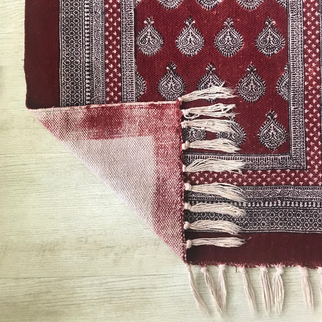 Paisley Jaal Hand-block Print Rug - Red White