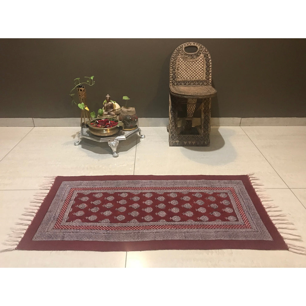 Paisley Jaal Hand-block Print Rug - Red White