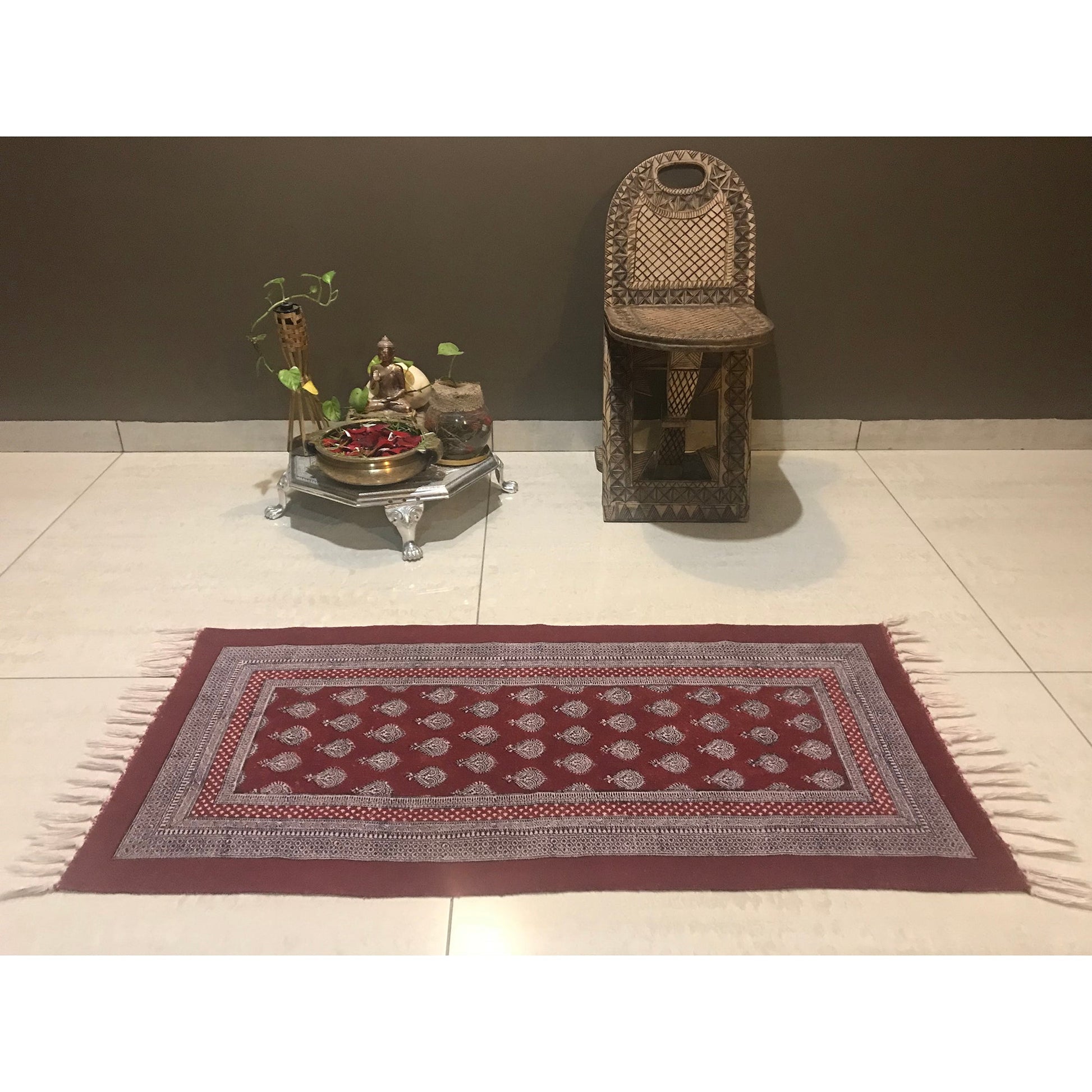 Paisley Jaal Hand-block Print Rug - Red White