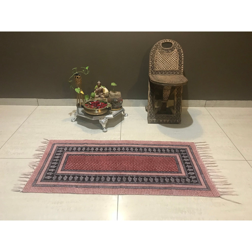 Dots & Floral Hand-block Print Rug - Red Black