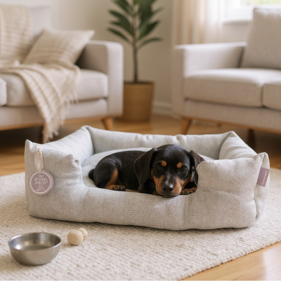 Handcrafted Luxury Dog and Cat Bed in Herringbone Fabric