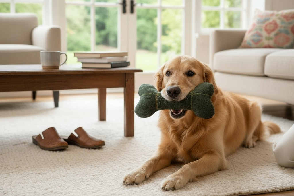 Handcrafted Toy Squeaky Dog Bone Forest Green Check