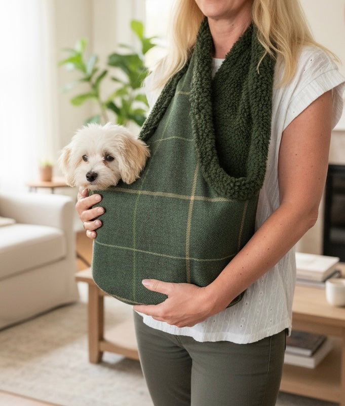 Handcrafted Luxury Forest Green Check Puppy and Small Dog Carrier Sling