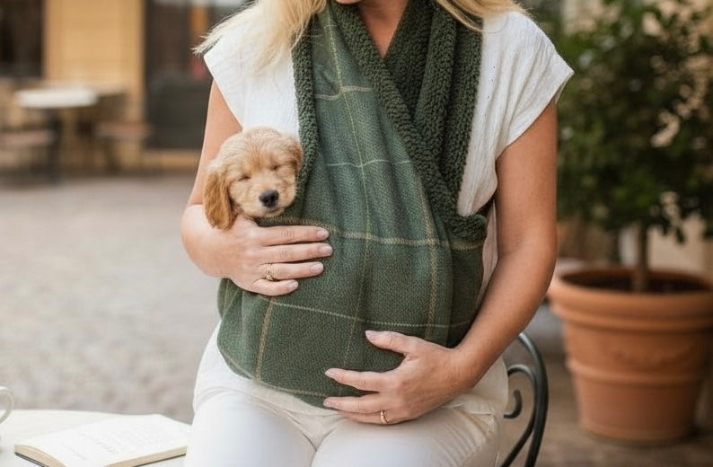 Handcrafted Luxury Forest Green Check Puppy and Small Dog Carrier Sling