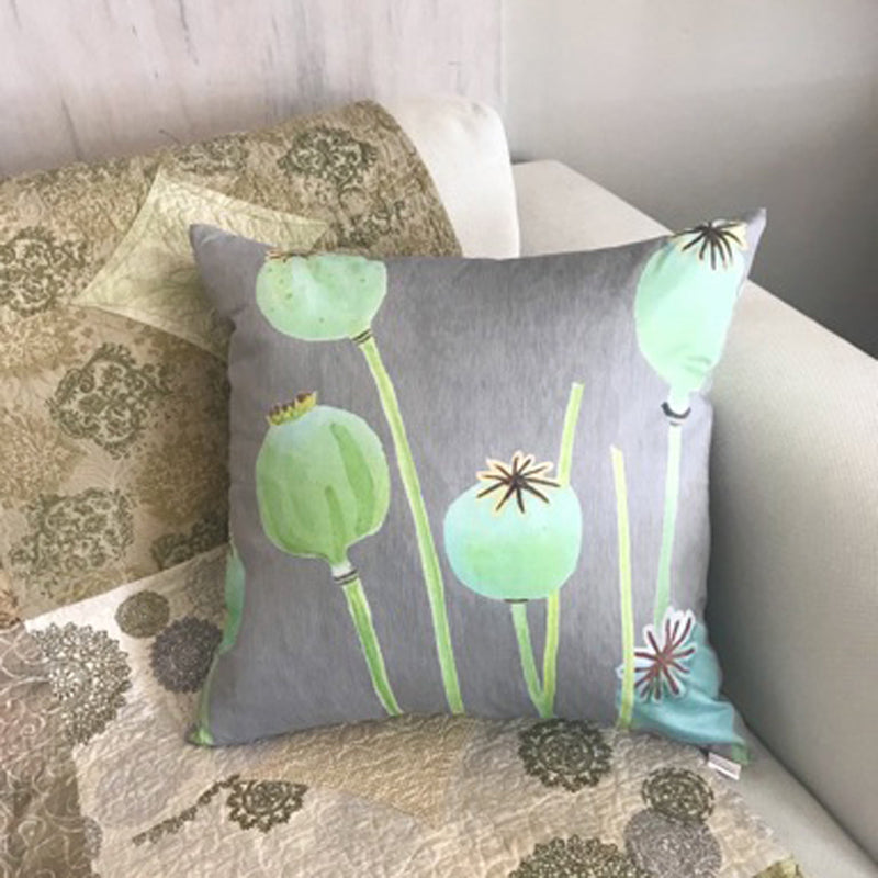 Cotton Sateen Throw Pillow Poppy Pods on Grey