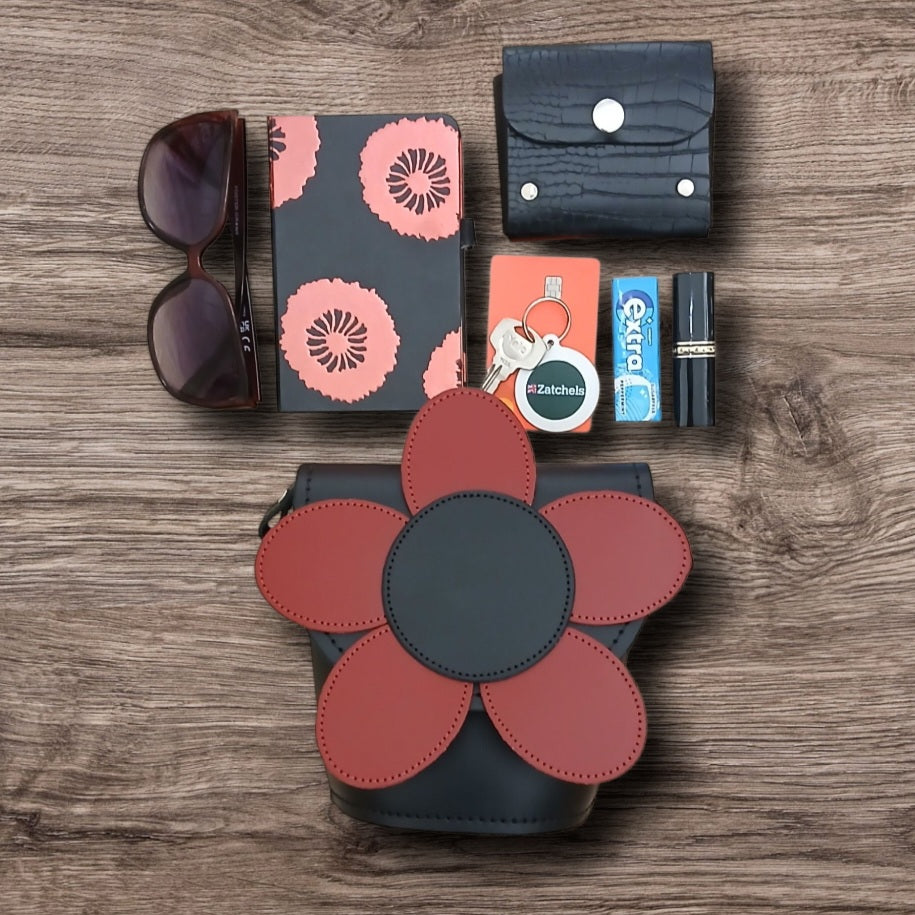 Handmade Leather Daisy Barrel Bag - Poppy - Red