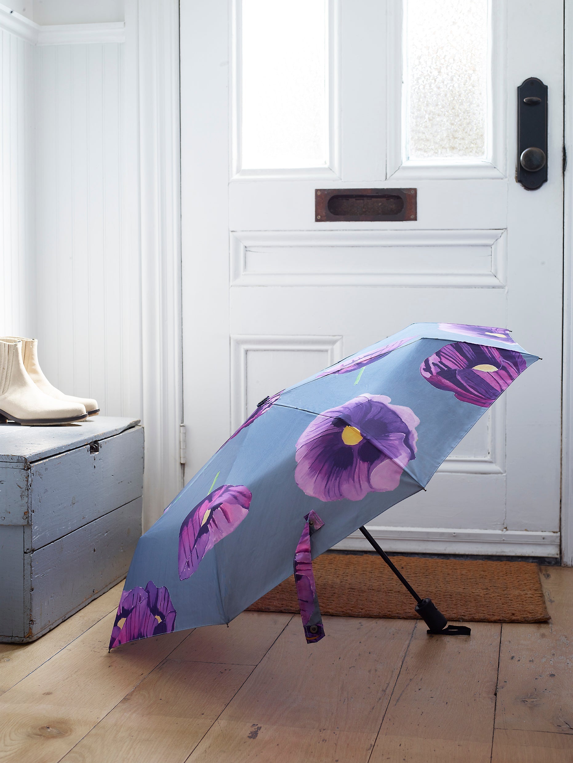Purple Poppies on Grey Collapsible Umbrella