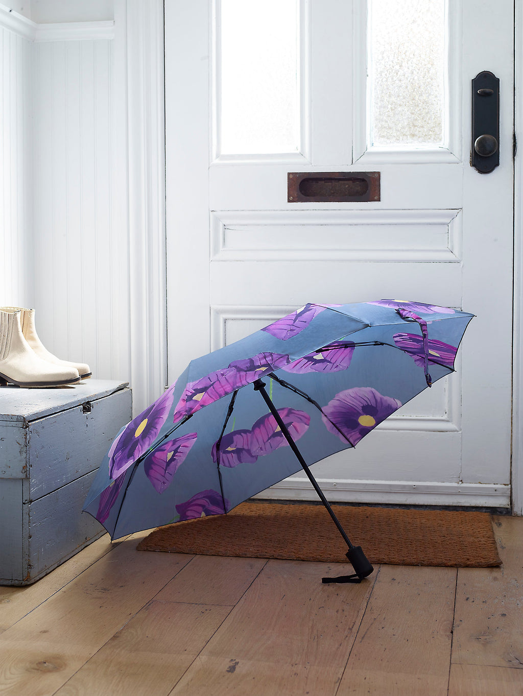 Purple Poppies on Grey Collapsible Umbrella