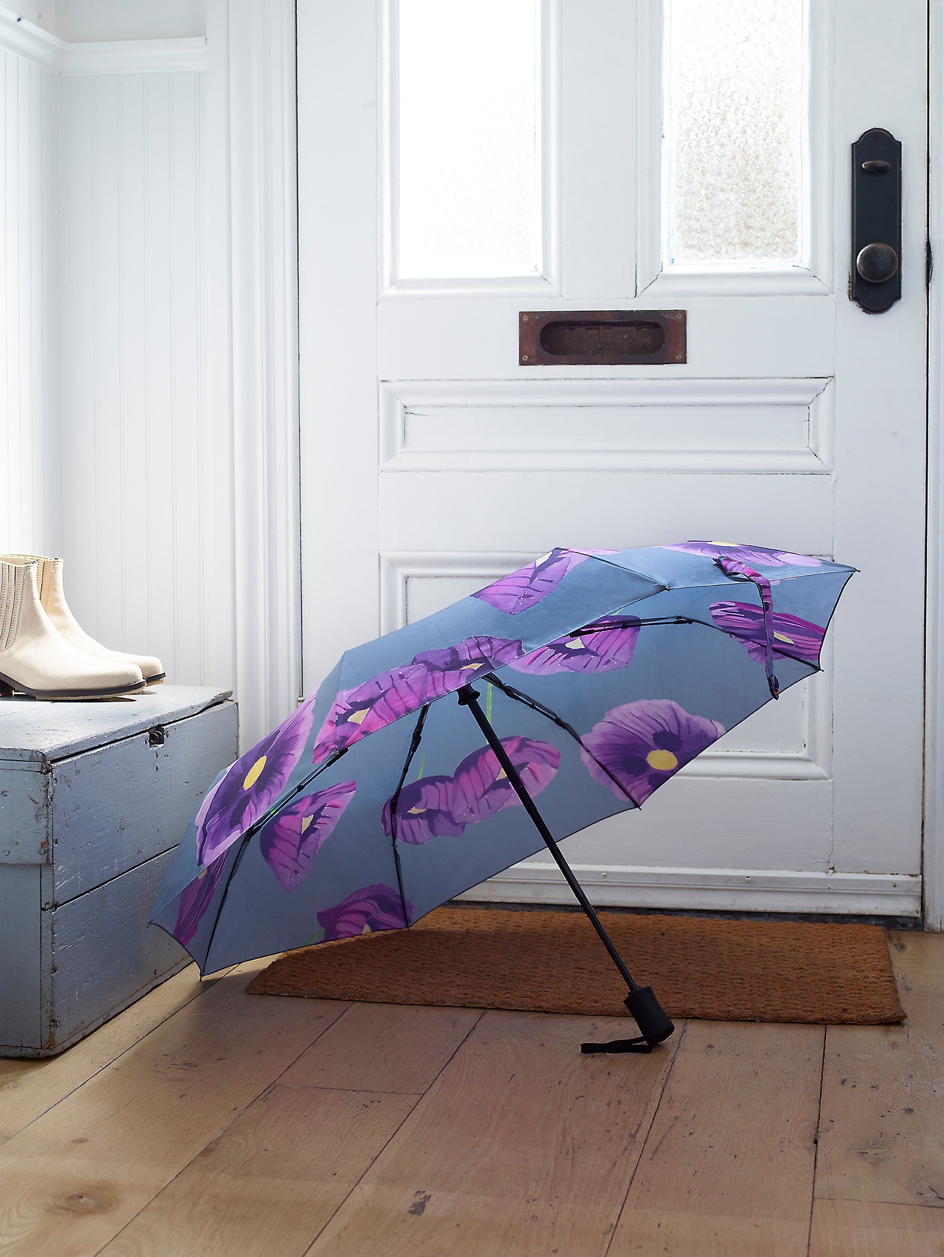 Purple Poppies on Grey Collapsible Umbrella
