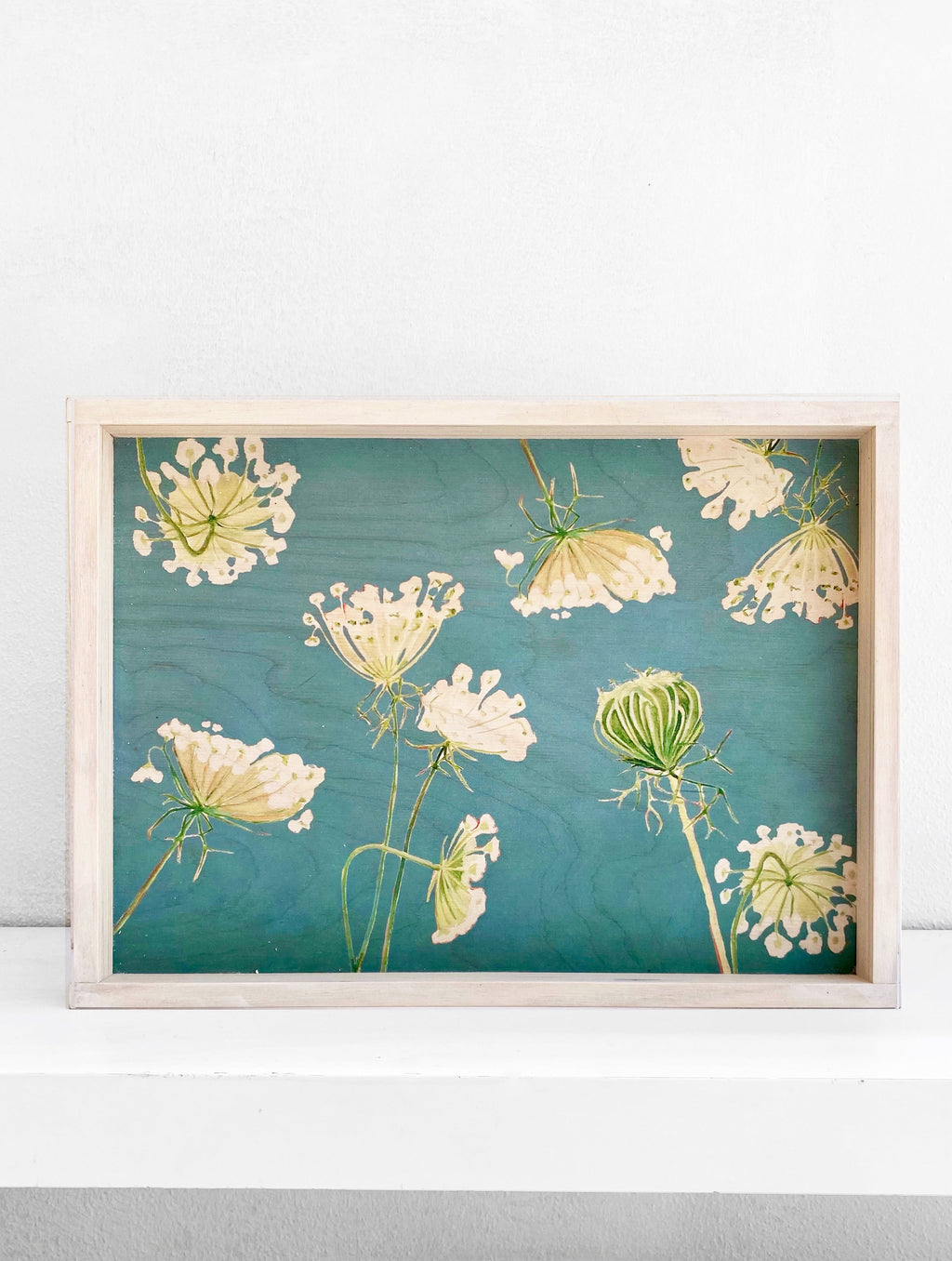 Handmade Serving Tray Queen Anne's Lace on Teal
