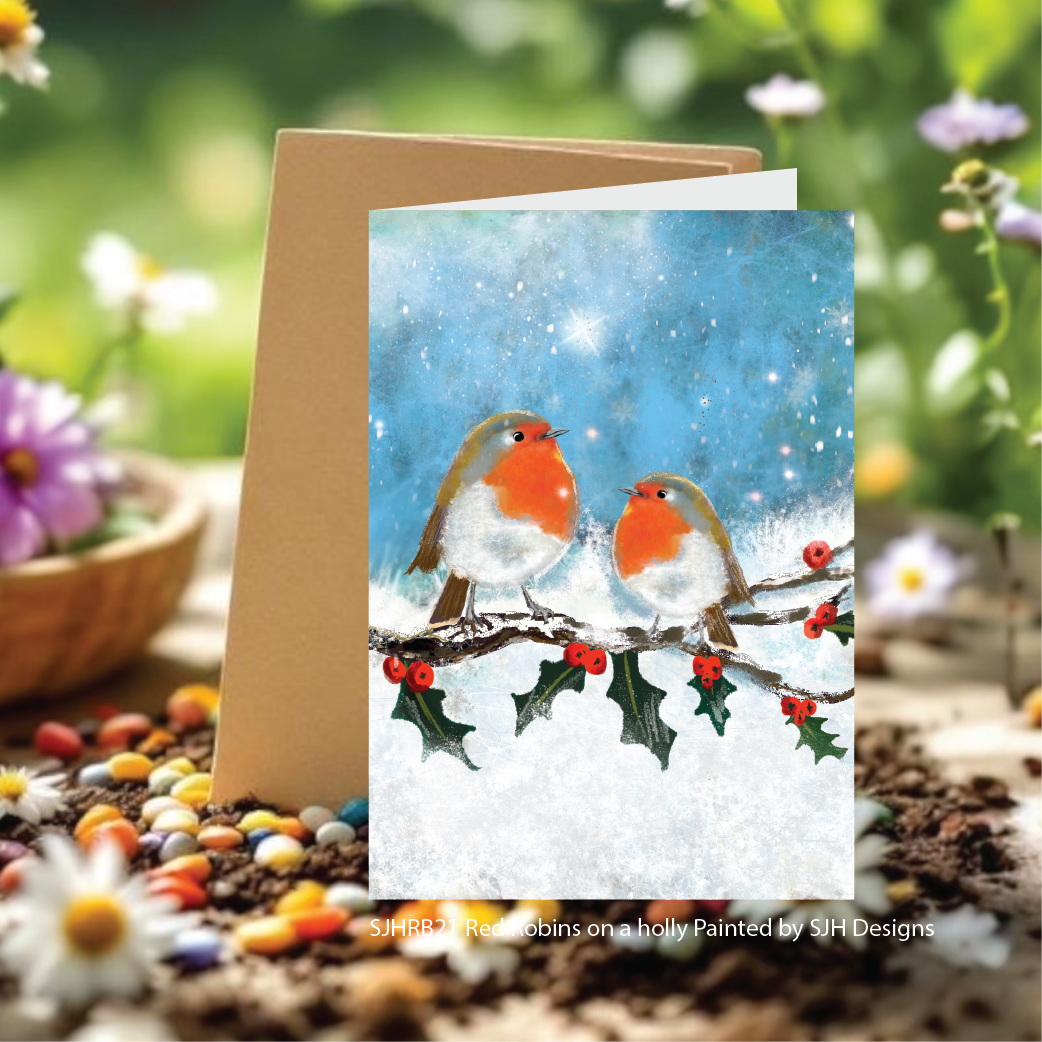 Red Robins Holly Branch Seed Cards