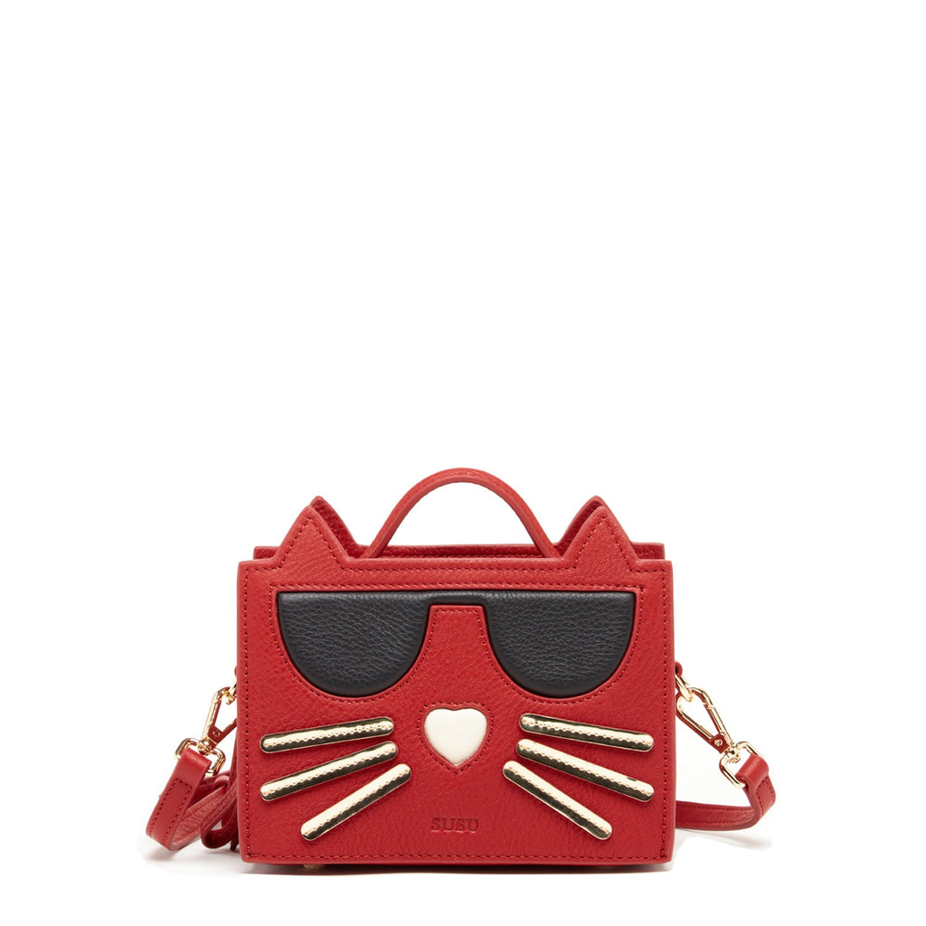 Red Leather Cat Crossbody Bag for Women