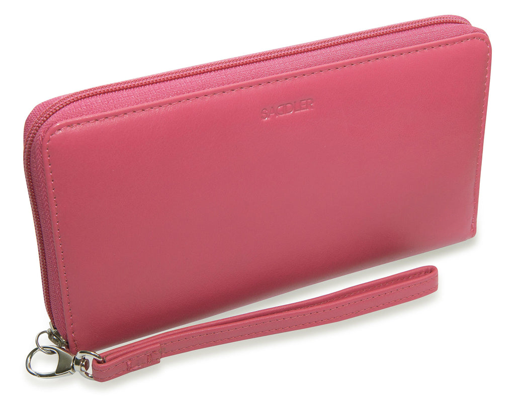 Sophia Leather Zip Around Wallet with 15 Card Slots and Wrist Strap
