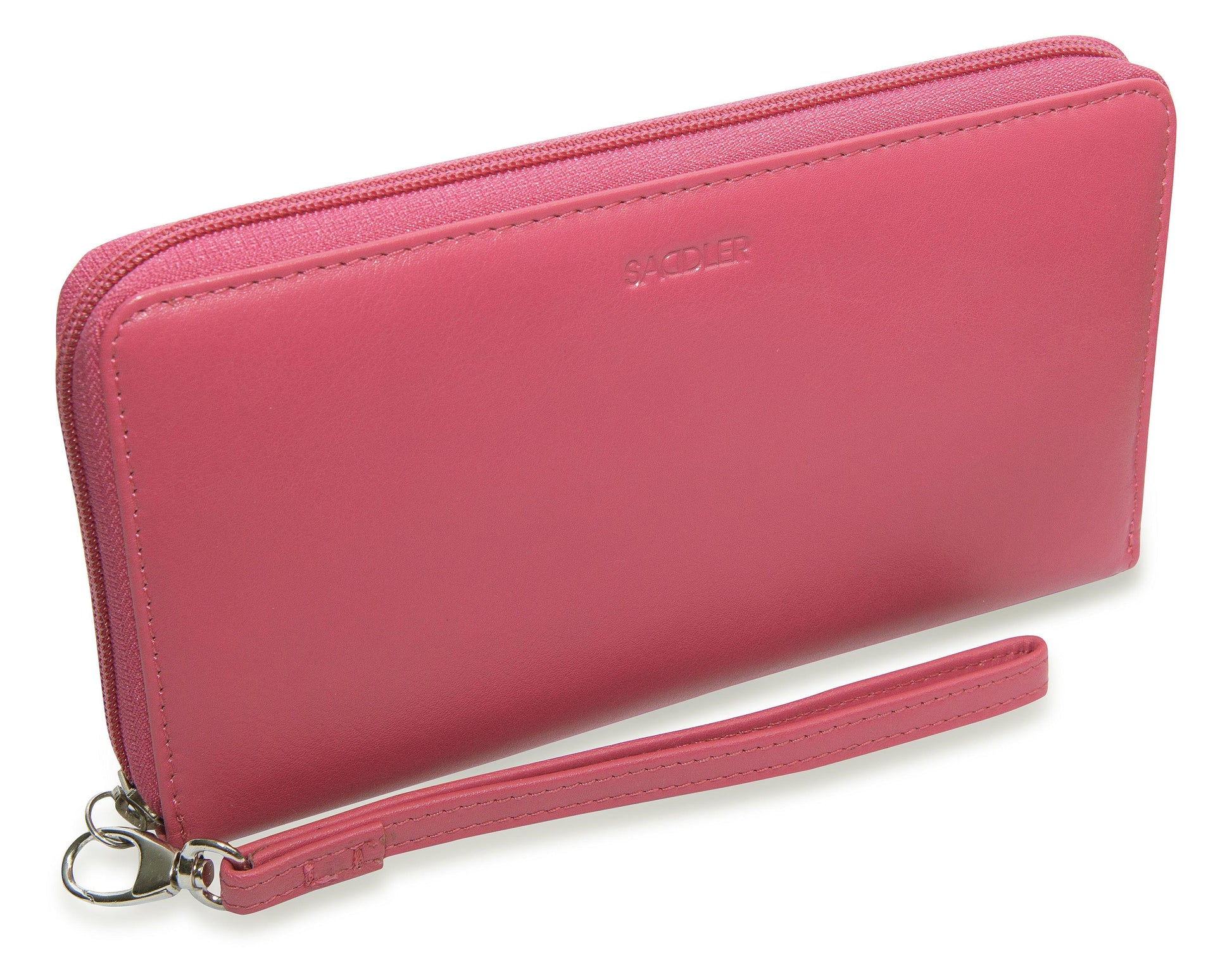 Sophia Leather Zip Around Wallet with 15 Card Slots and Wrist Strap