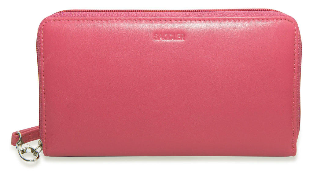 Sophia Leather Zip Around Wallet with 15 Card Slots and Wrist Strap