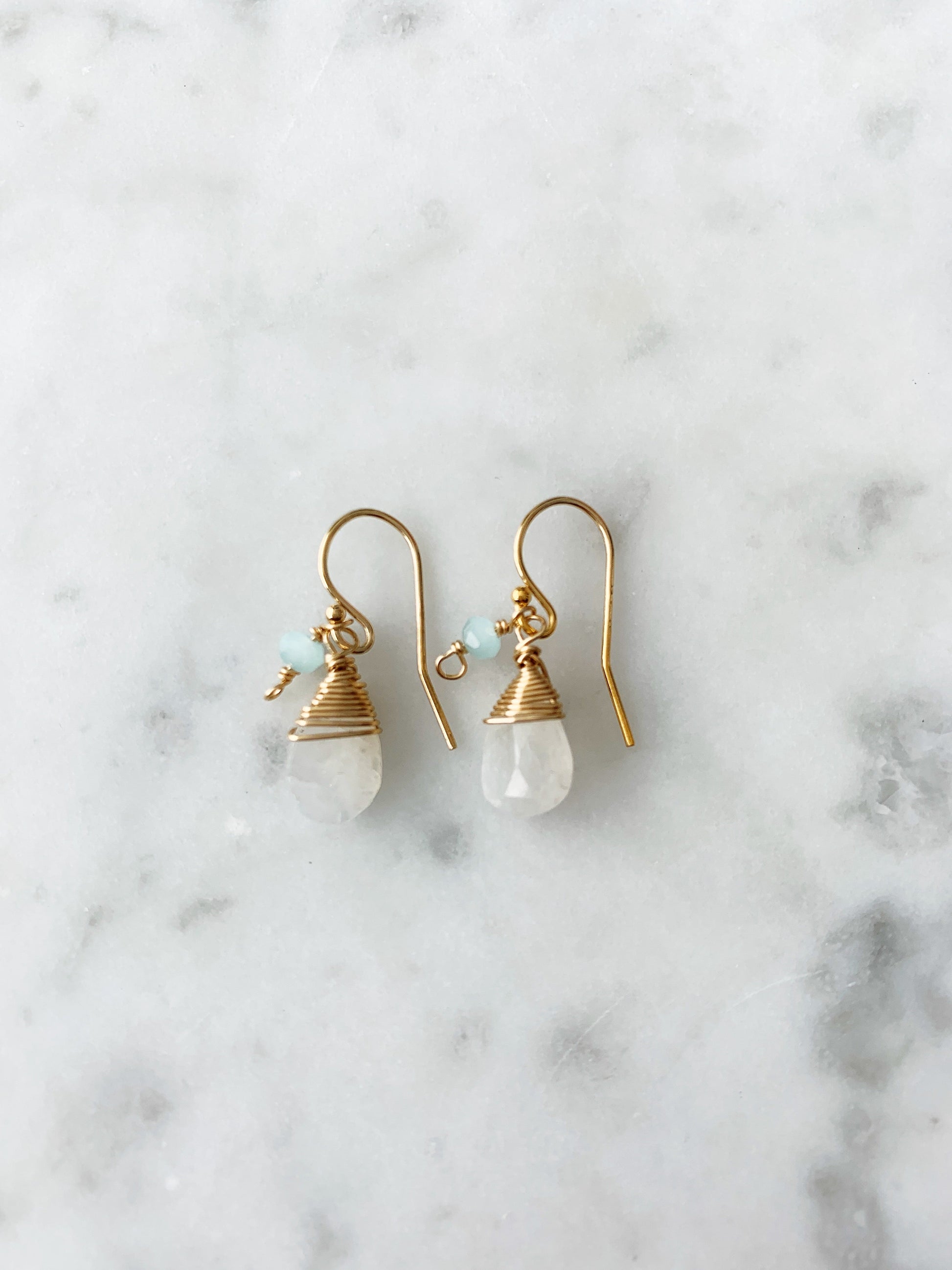 Jill Short Drop Earrings in Rainbow Moonstone with Chalcedony