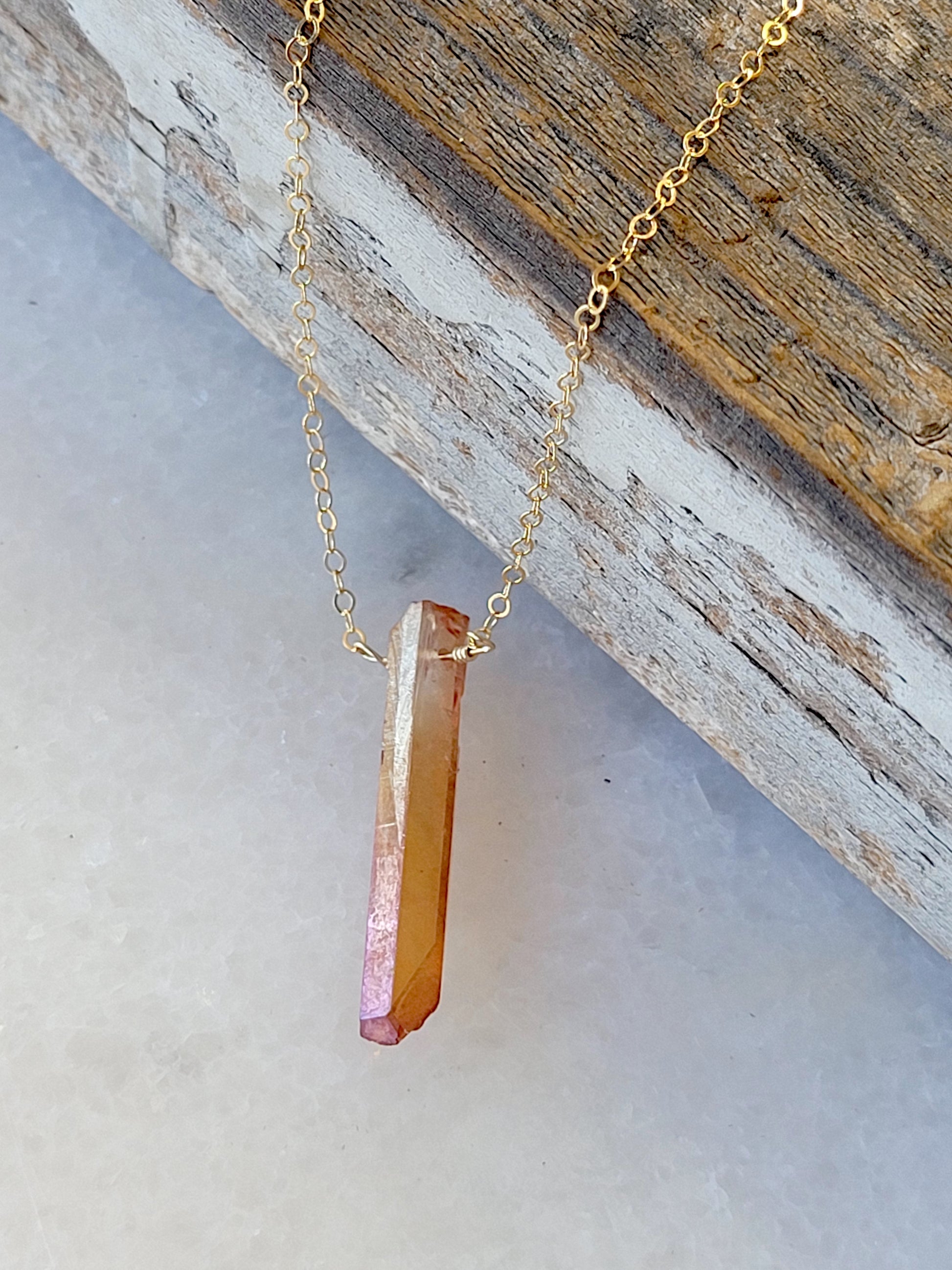 Raw Peach Quartz Crystal Pendant Necklace in Gold
