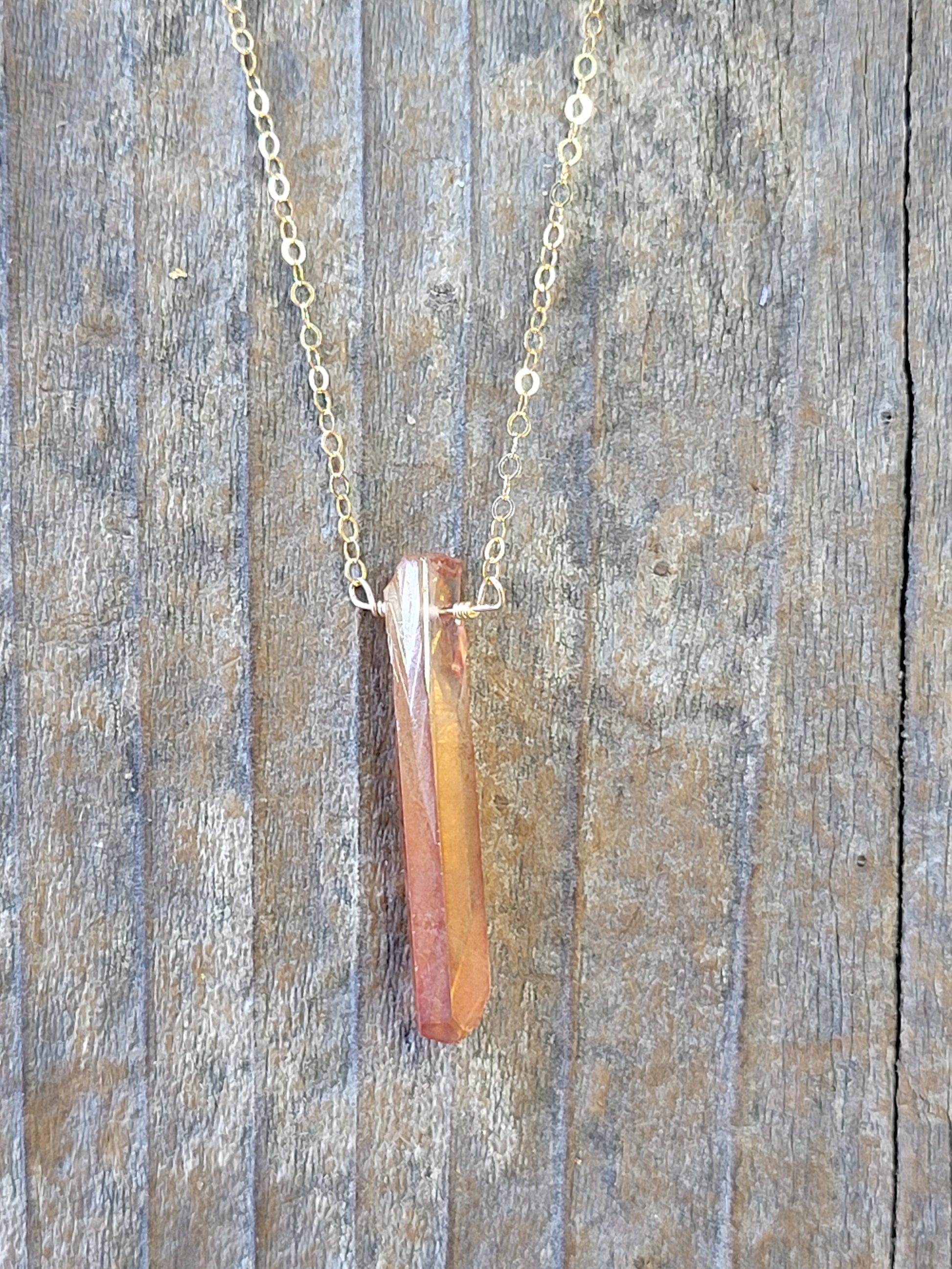 Raw Peach Quartz Crystal Pendant Necklace in Gold