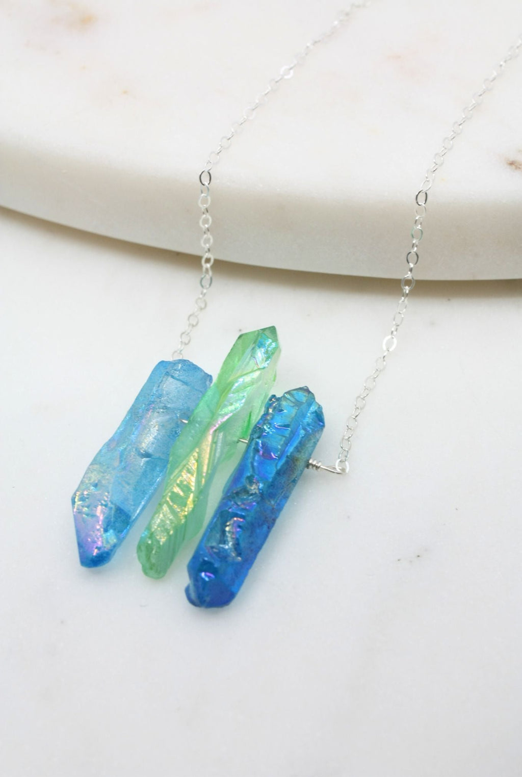 Raw Blue and Green Titanium Quartz Necklace in Silver