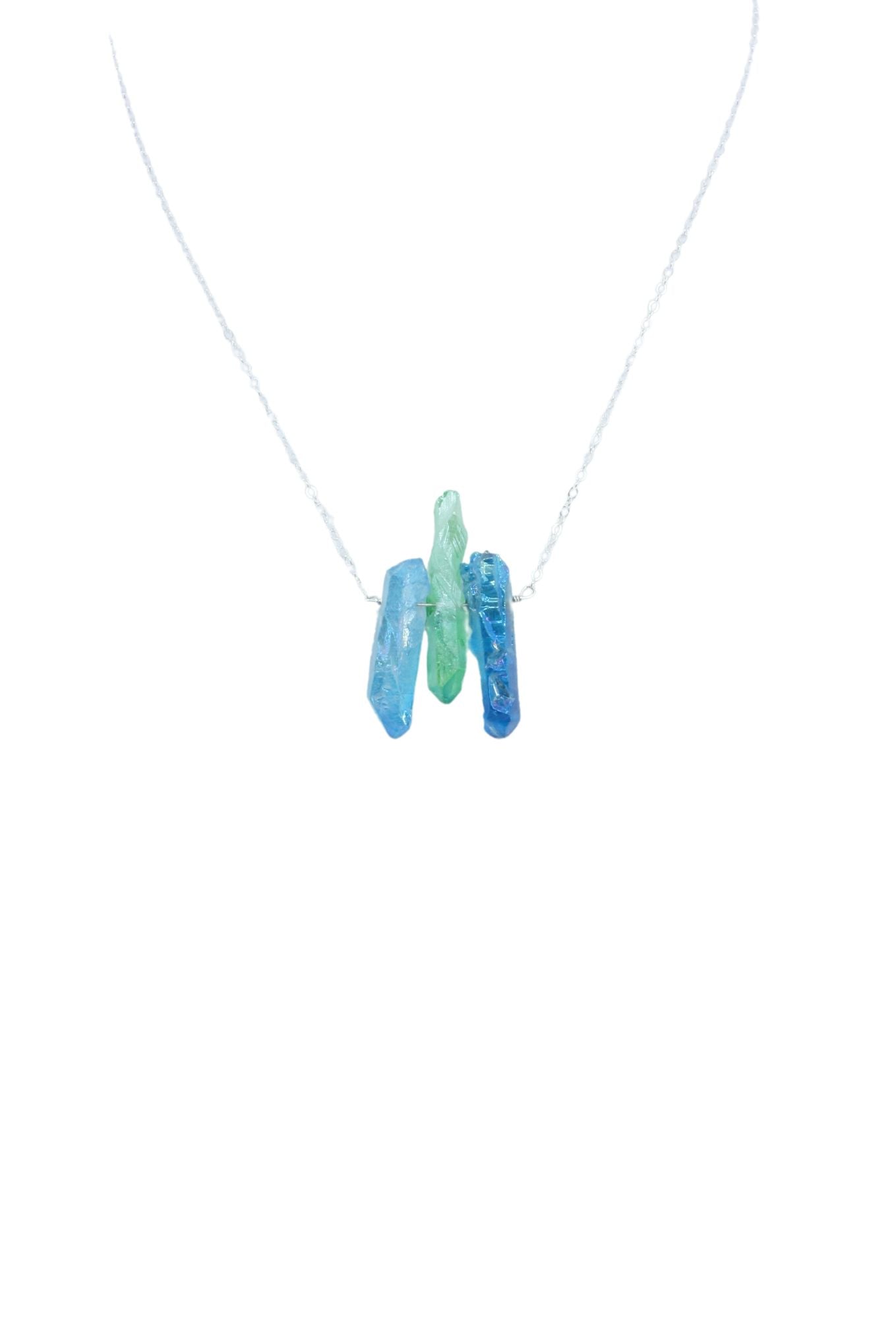 Raw Blue and Green Titanium Quartz Necklace in Silver