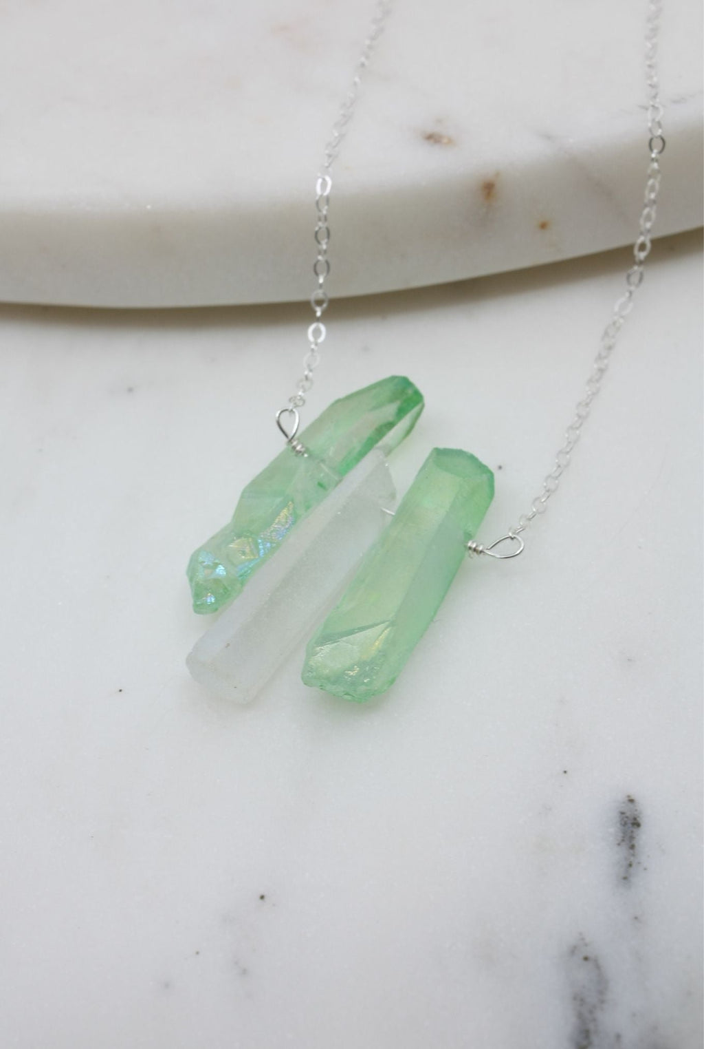 Silver Necklace with Green and White Titanium Quartz