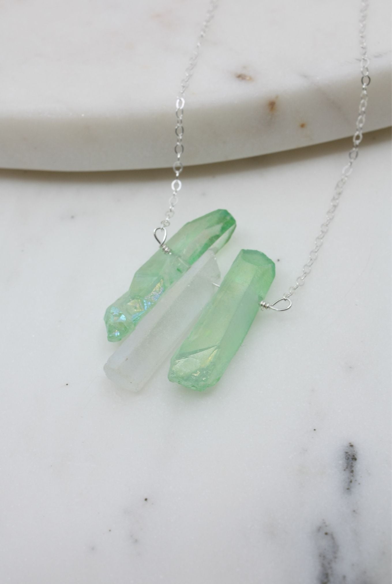 Silver Necklace with Green and White Titanium Quartz